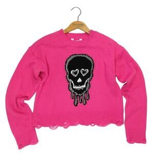 Vintage Y2K No Boundaries Skull Sweater Size S Pink Mall Goth Cropped 2000s